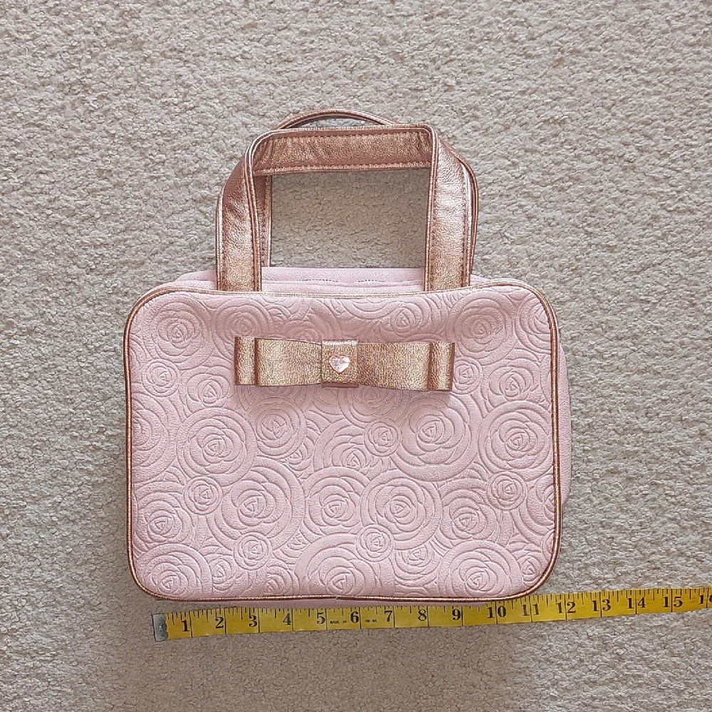 Betsey Johnson Pink Rose Gold Floral Bow Travel Cosmetic Bag
